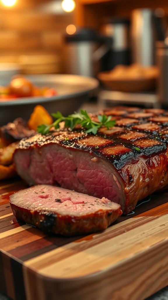 Juicy striploin steak garnished with herbs on a wooden board with roasted vegetables.